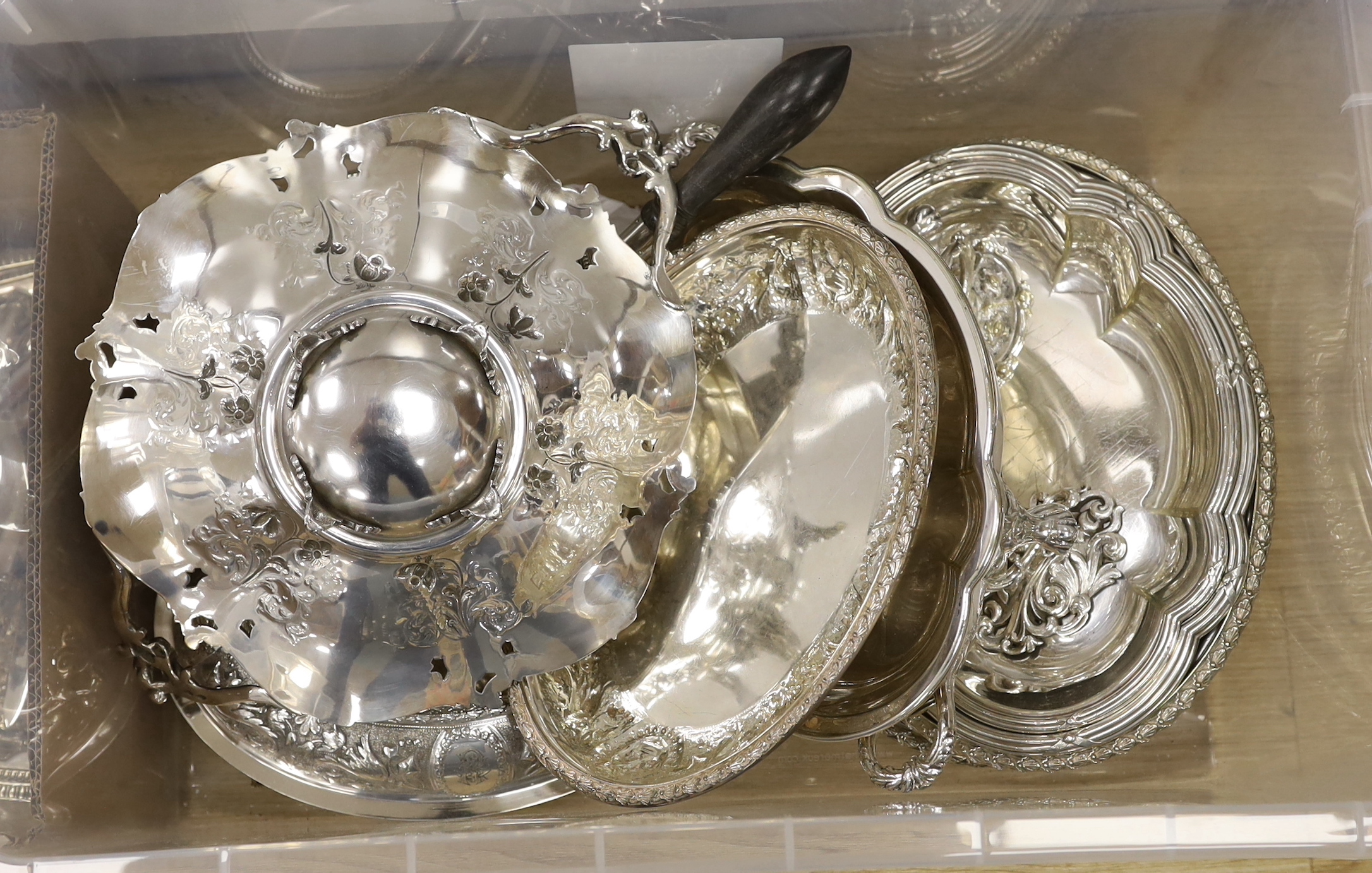 A quantity of plated tureens, serving dishes, a revolving breakfast dish, assorted cutlery, grape scissors etc (2 boxes)